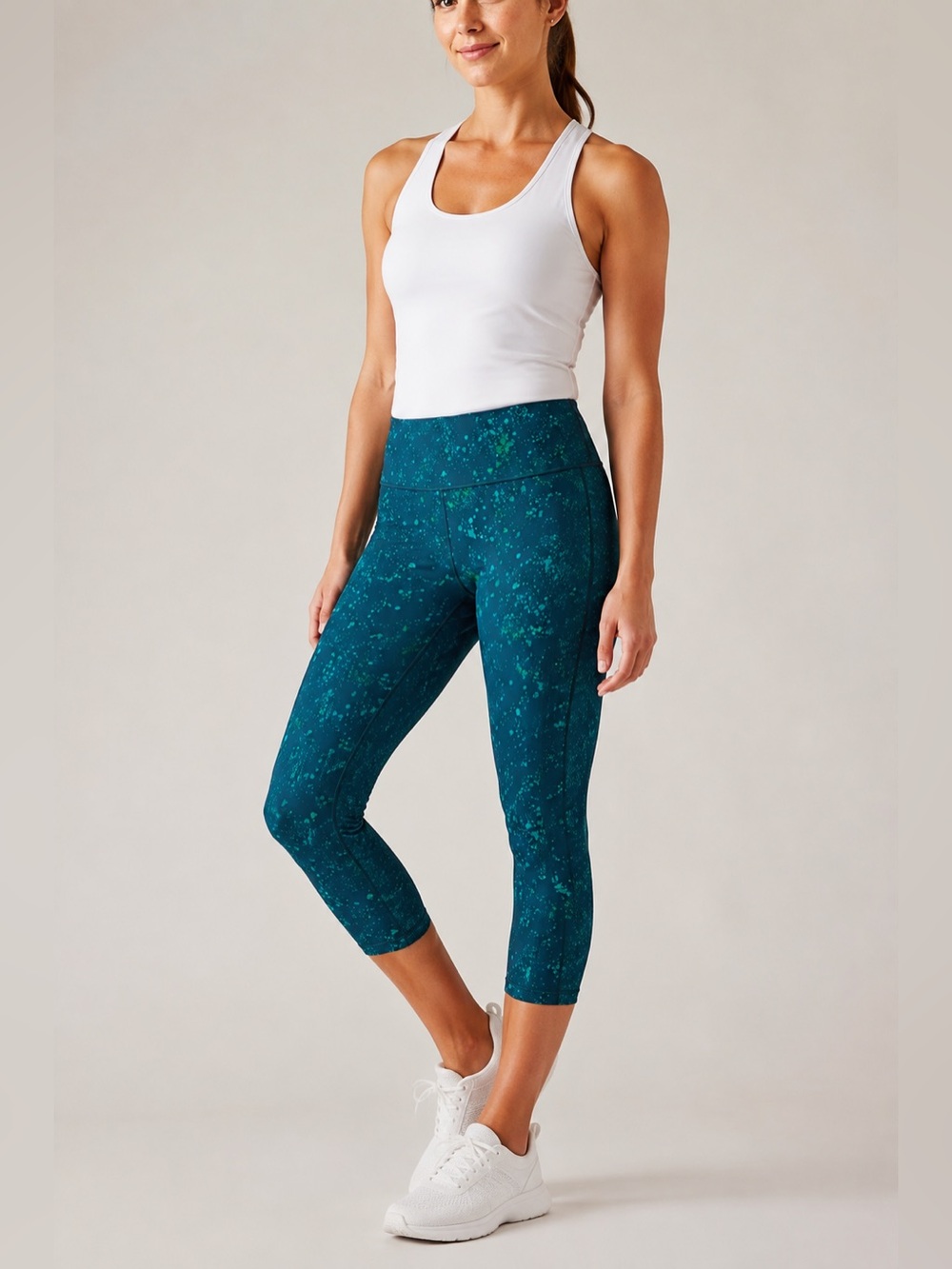 Athleta Ultimate Stash Pocket Splatter Capri, Oceanic Teal